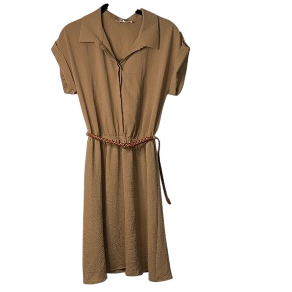 Love Blossom Camel Tan Short Sleeve Belted Shirt Dress Casual Chic Preloved S.
